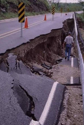 Landslide on road, picture in the center